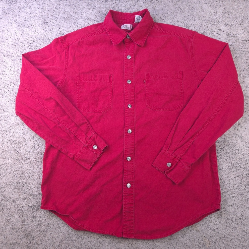 VTG Levis Denim Shirt Mens Medium Long Sleeve Jean Metal Button Red Collared
